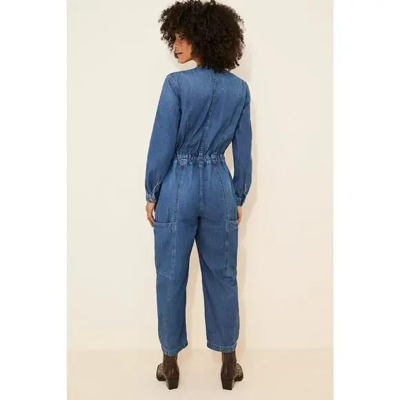 Free‎ People Archie Denim Jumpsuit Coveralls Utility Size Medium Barrel Leg